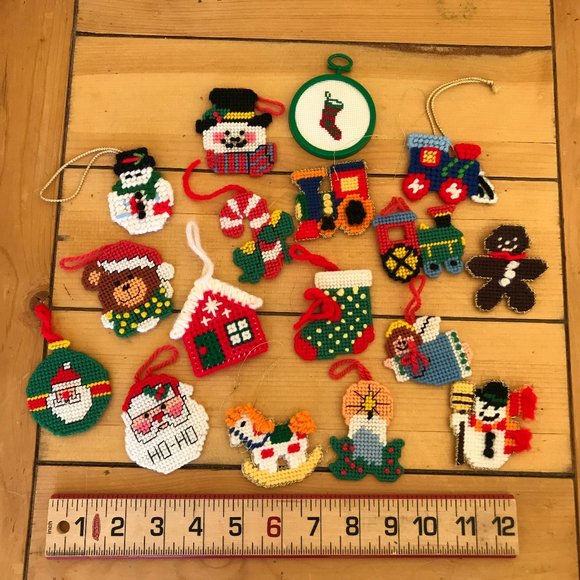 Hand Crafted Other - Christmas Hand Made Plastic Canvas Needlepoint Ornaments Set of 17 Santa Train